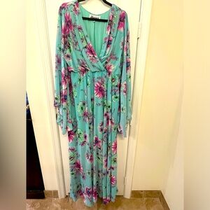Meghan LA Sunset Floral Ruffle Maxi Dress With Long Butterfly Sleeves, Size 3XL